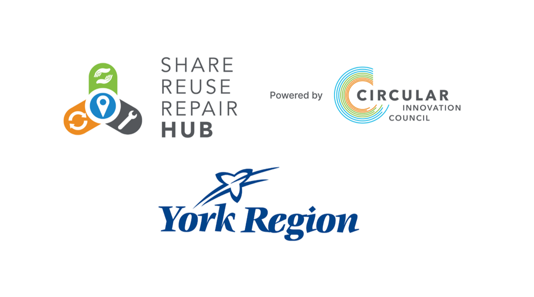 Share Reuse Repair Hub logo, powered by Circular Innovation Council logo. York Region logo.